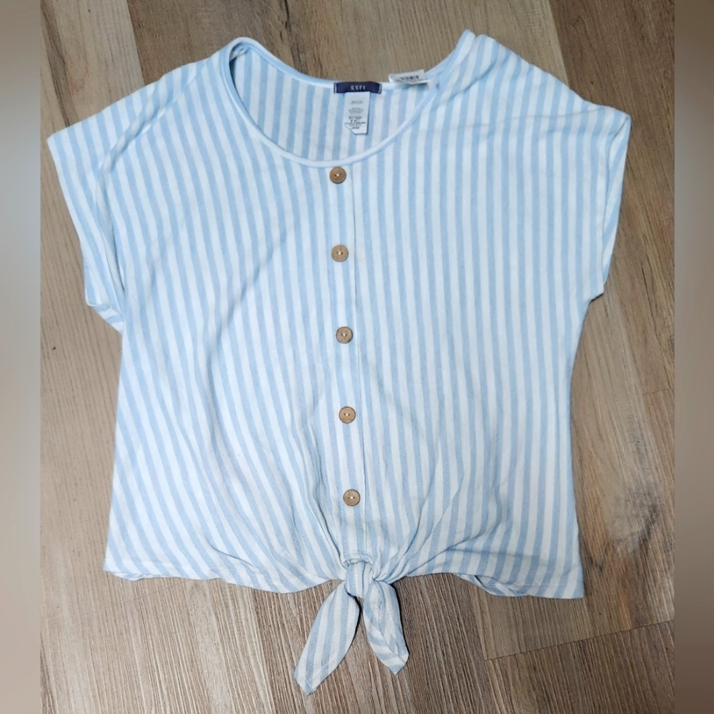 Summery Gyft Tie Knot Shirt w/ Blue & Cream Stripes & Button Accents BIN BB